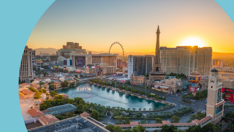 Aerial view of the Las Vegas Strip at sunset.
