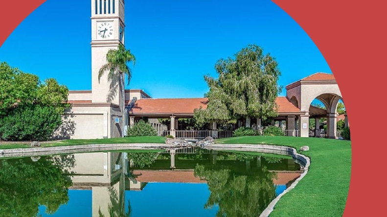 A pond beside the clock tower at Leisure World in Mesa, Arizona.
