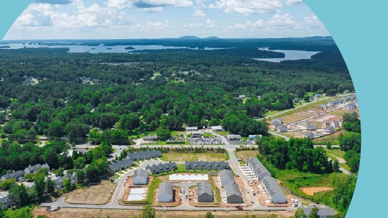 Aerial view of McEver Mill in Oakwood, Georgia and the nearby lakes.