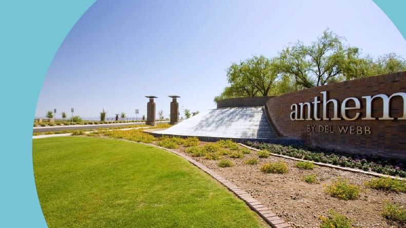 The community sign at the entrance of Sun City Anthem at Merrill Ranch in Florence, Arizona.