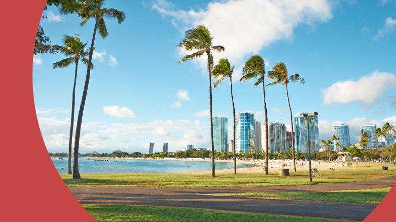 A walking trail along the beach lined with palm trees in Miami, Florida.