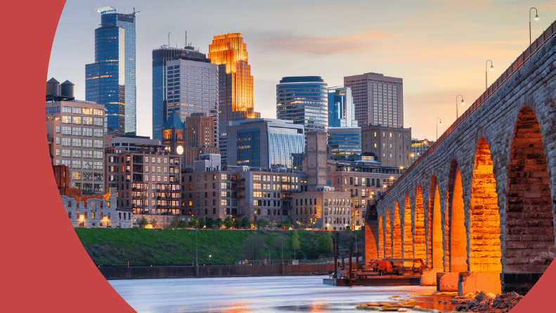 The skyline with the Stone Arch Bridge on the Mississippi River in Minneapolis, Minnesota.