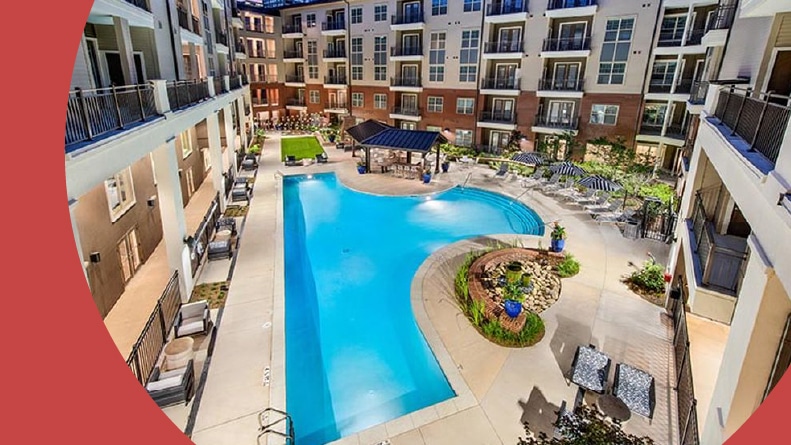 Aerial view of the outdoor pool at Overture Buckhead South in Atlanta, Georgia.