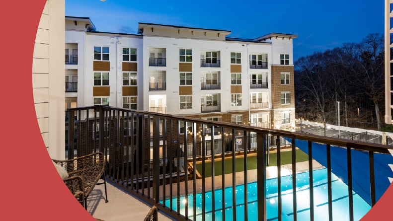 An apartment balcony overlooking to outdoor pool at Overture Powers Ferry in Atlanta, Georgia.