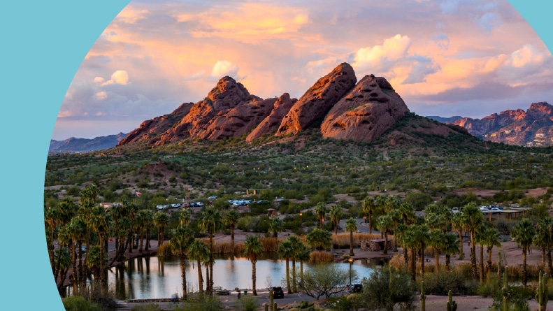 Papago Park in Phoenix, Arizona at sunset.