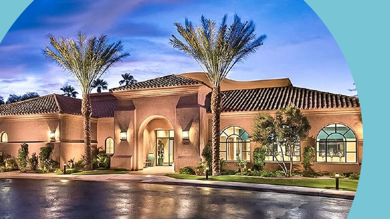 Palm trees outside the clubhouse at PebbleCreek in Goodyear, Arizona.