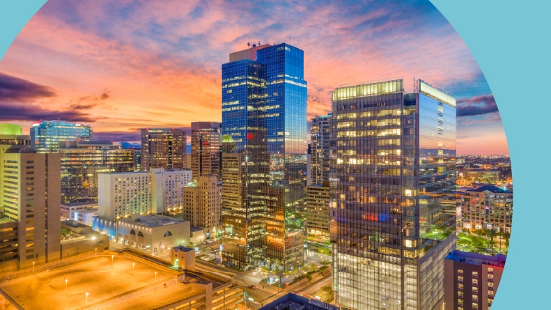 The downtown cityscape of Phoenix, Arizona at sunset.