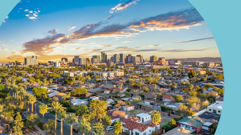 An aerial view of Downtown Phoenix, Arizona at twilight.
