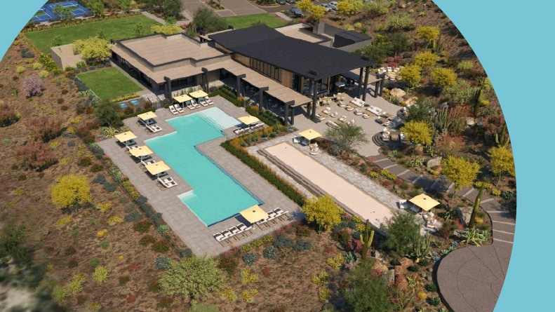 Rendering of an aerial view of the amenities at Ridgecrest in Peoria, Arizona.