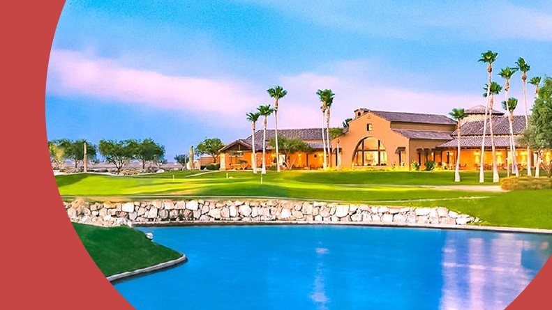 Palm trees beside the clubhouse and golf course at Robson Ranch – Arizona in Eloy, Arizona.