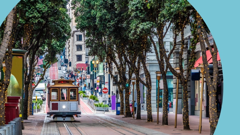A view up Powell Street in the early evening in San Francisco in early springtime.