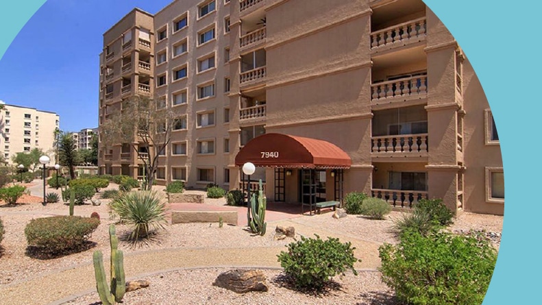 Exterior view of the condo building at Scottsdale Shadows in Scottsdale, Arizona.