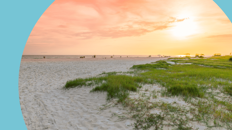 Siesta Key Beach at sunset along the Florida Gulf Coast in Sarasota.