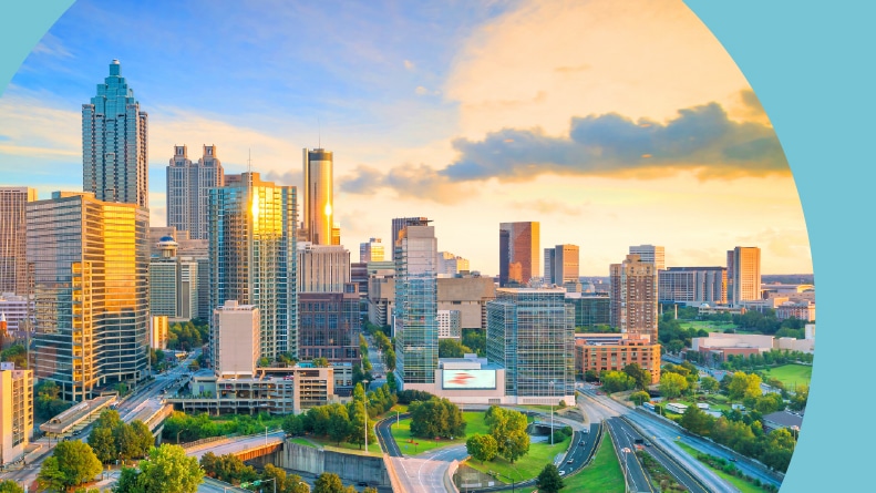 The city skyline of Atlanta, Georgia at sunset.