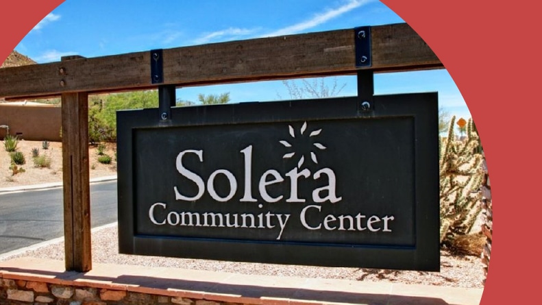 The community sign at the entrance of Solera at Johnson Ranch in Queen Creek, Arizona.