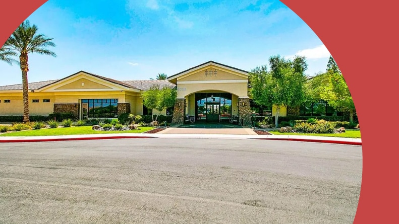 Greenery surrounding the entrance to Solera at Stallion Mountain in Las Vegas, Nevada.