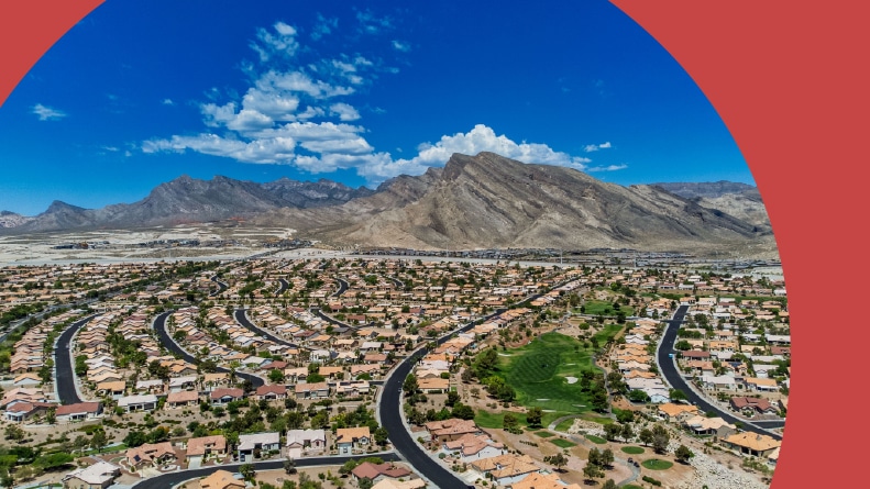 Aerial view of Summerlin under a blue sky in Las Vegas, Nevada.