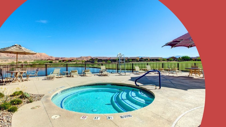 Lounge chairs beside the whirlpool spa at Sun City Mesquite in Mesquite, Nevada.