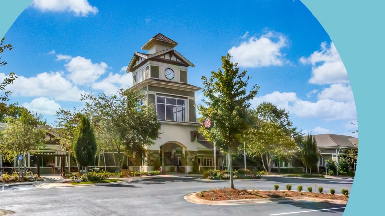 The clocktower at the entrance to Sun City Peachtree in Griffin, Georgia.