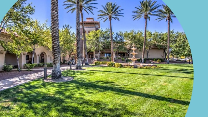 Palm trees along the edge of the event lawn at Sun City Summerlin in Las Vegas, Nevada.