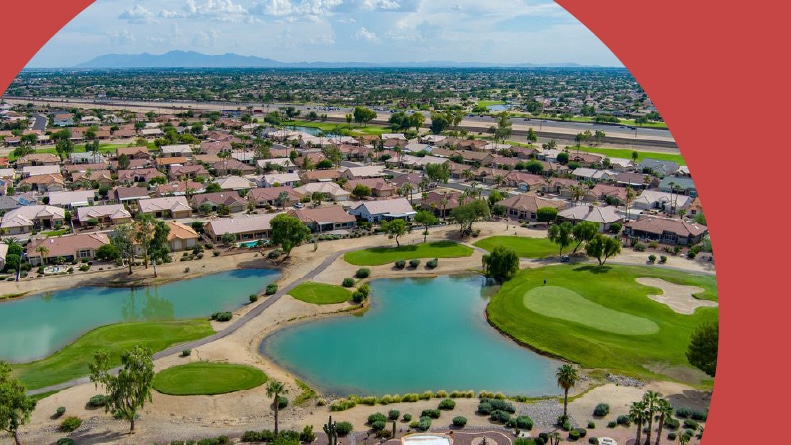 Aerial view of the homes and amenities at Sun City West in Sun City West, Arizona.