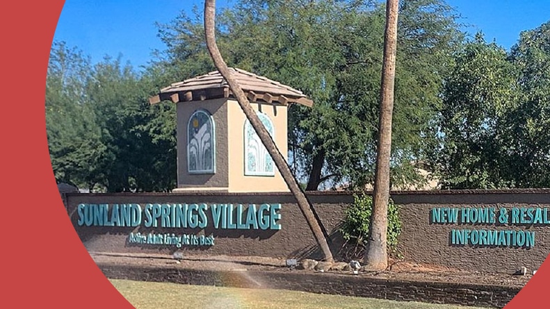 The community sign at the entrance to Sunland Springs Village in Mesa, Arizona.