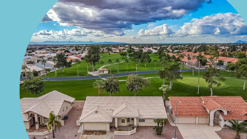 Aerial view of the homes and amenities at Sunland Village East in Mesa, Arizona.