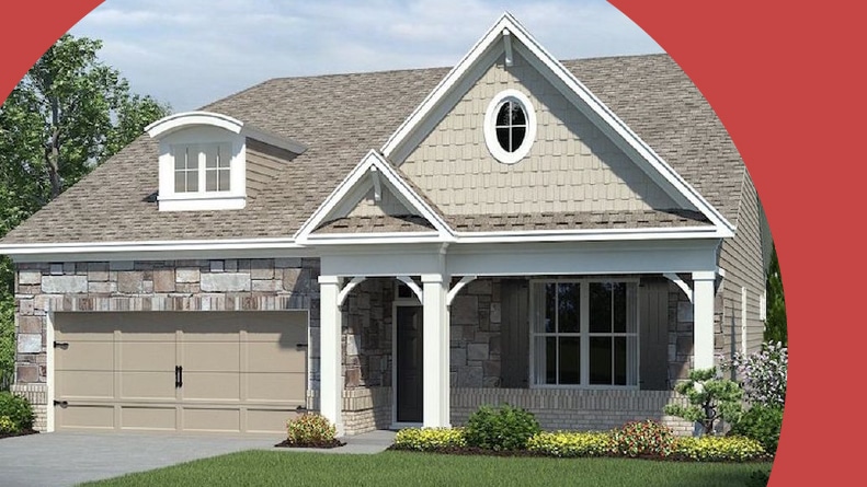 Rendering of an exterior view of a model home at The Gardens of Harmony North in Canton, Georgia.