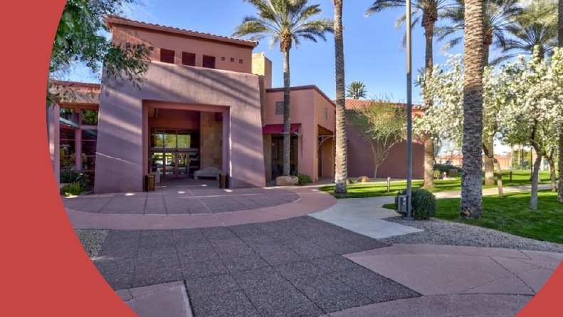Palm trees beside the clubhouse at The Grand in Surprise, Arizona.