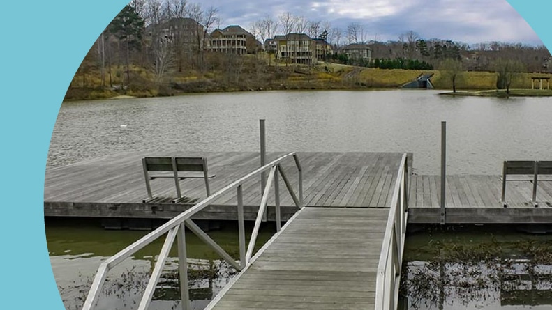 The dock on the lake at The Springs in Flowery Branch, Georgia.