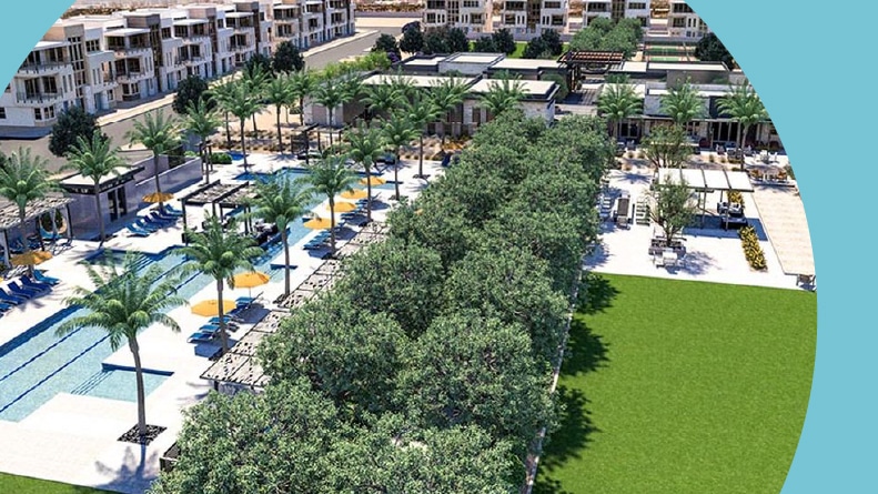 Rendering of an aerial view of the homes and amenities at Trilogy Sunstone in Las Vegas, Nevada.