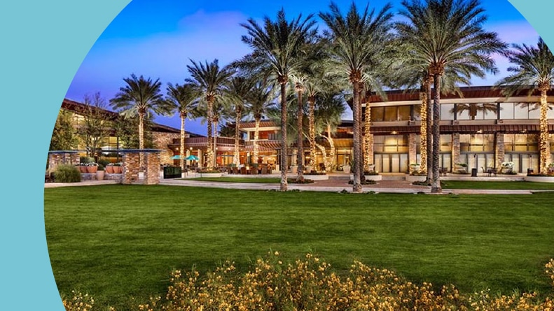 Palm trees beside the clubhouse at Trilogy at Vistancia in Peoria, Arizona.