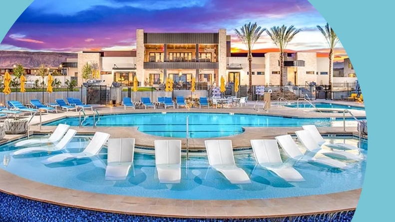 A rendering of lounge chairs surrounding and partially submerged in the outdoor pool at Trilogy in Summerlin in Las Vegas, Nevada.