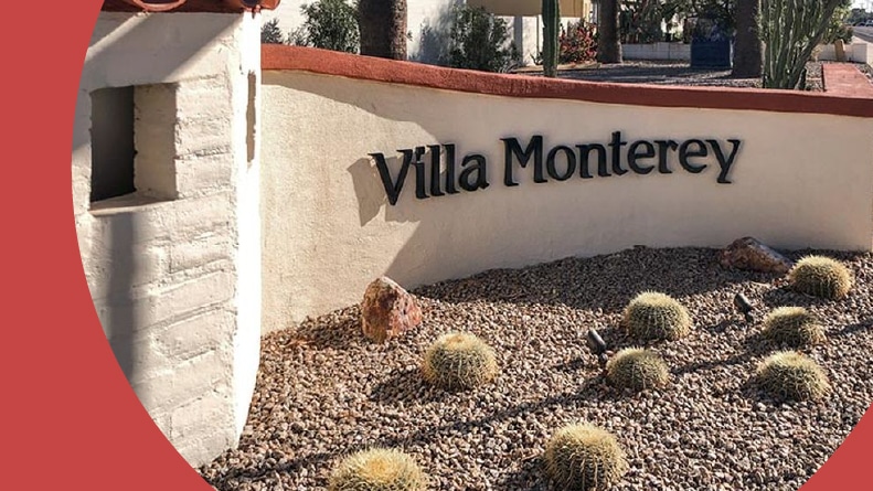The community sign at the entrance of Villa Monterey in Scottsdale, Arizona.