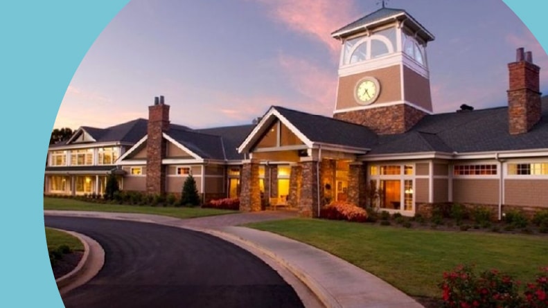 The clocktower at the entrance to Village at Deaton Creek in Hoschton, Georgia.