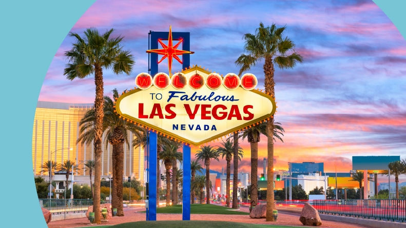 The "Welcome to Fabulous Las Vegas Nevada" sign at dusk.