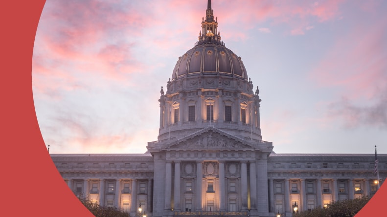 Sunset over San Francisco City Hall at the Civic Center.