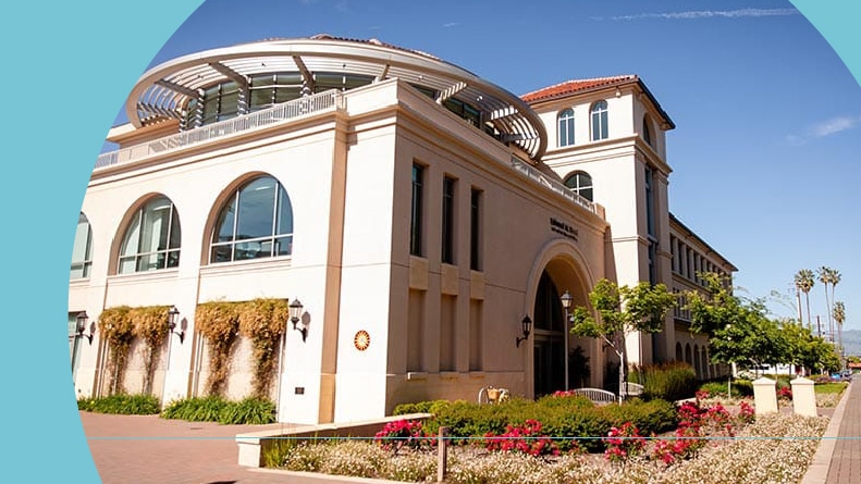 Exterior view of a building on the campus of Santa Clara University in San Francisco, California.