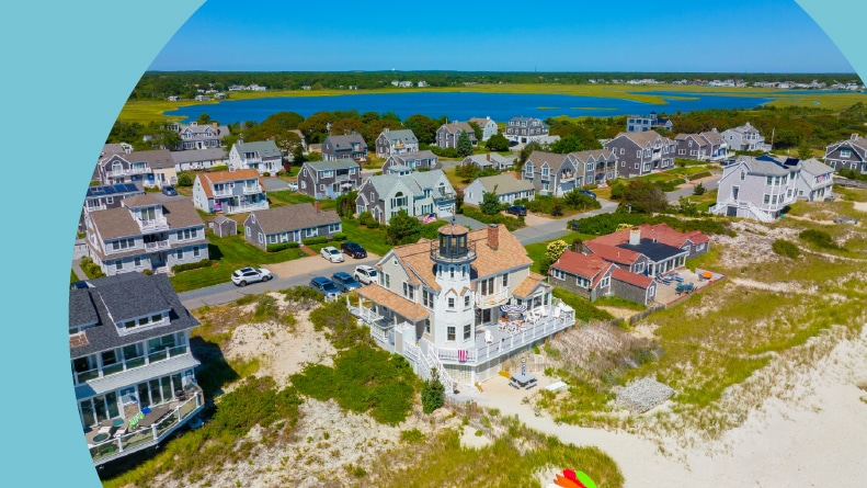 Aerial view of homes on Great Island next to Seagull Beach in West Yarmouth, Cape Cod, Massachusetts