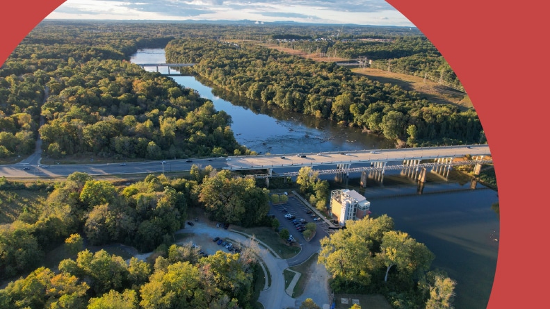 Afternoon overhead view of Catawba River in Rock Hill, South Carolina.
