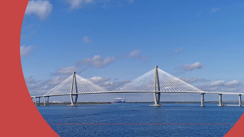 The Arthur Ravenel Jr. Bridge during a bright day in Charleston, South Carolina.