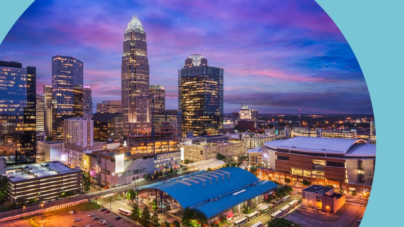 The Charlotte, North Carolina Uptown skyline from above at dusk.