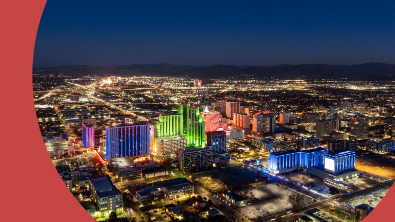 Aerial view of Downtown Reno at night.