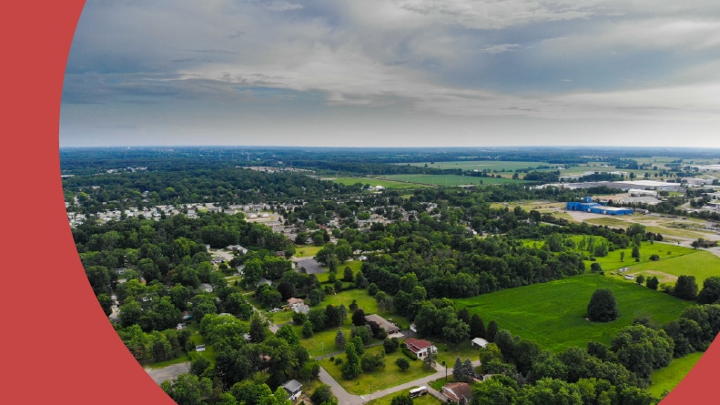 Aerial view of Delaware, Ohio in the summer.