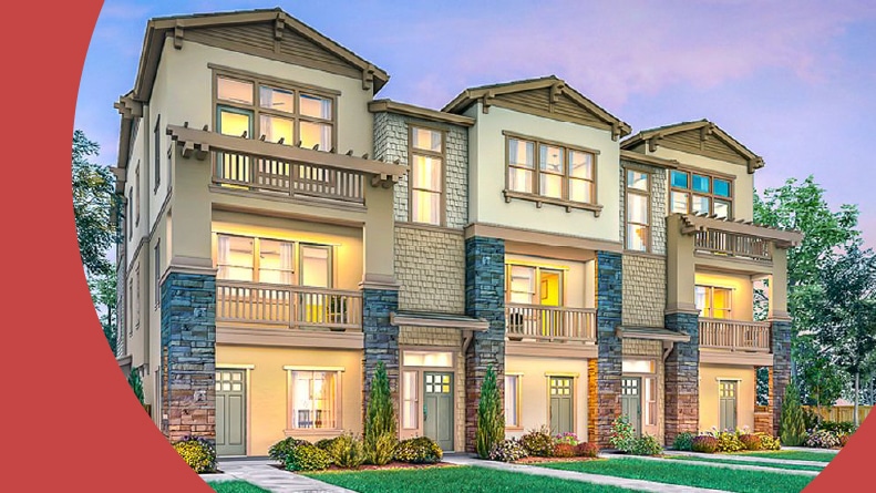 Exterior view of townhomes at Enclave at Mission Falls in Fremont, California.