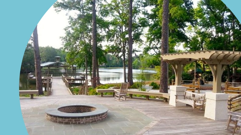 An outdoor fire pit beside a lake at Hilton Head Plantation in Hilton Head Island, South Carolina.