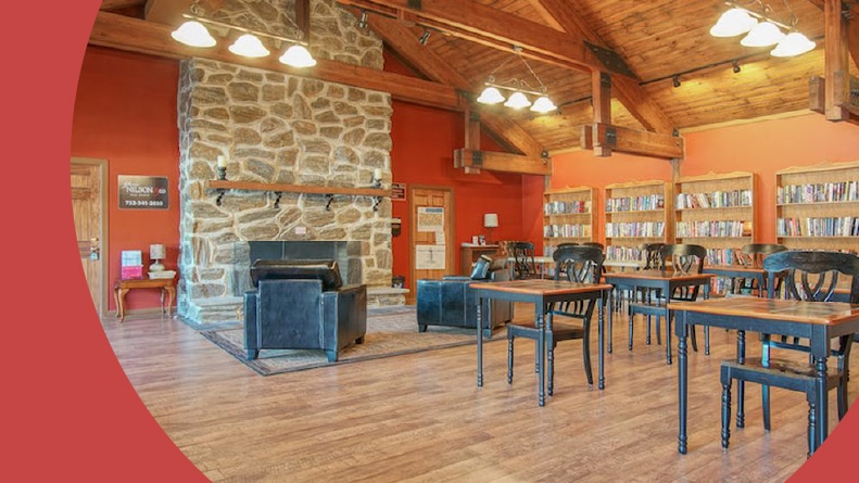 An indoor lounge area at Holiday City at Berkeley in Toms River, New Jersey.