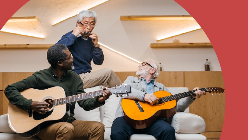 A group of 55+ friends playing jazz music with guitars and a harmonica.