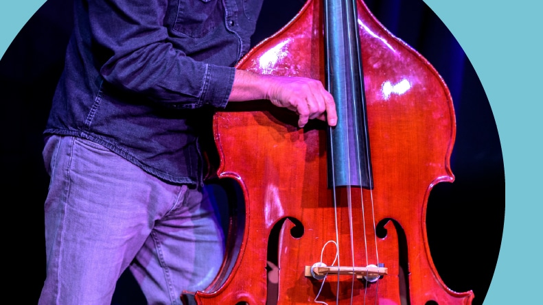 A musician performs on a double bass during a live jazz concert performance.