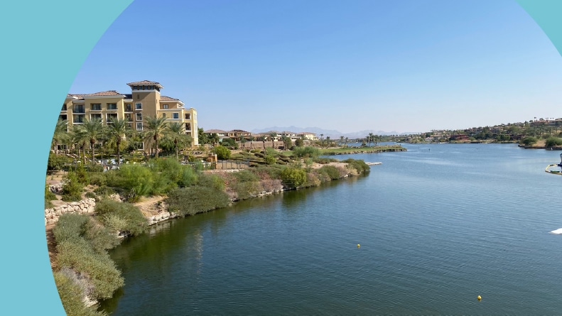 Aerial view of Lake Las Vegas in Henderson, Nevada on a sunny day.